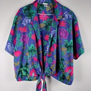 Koret Vintage Colorful Floral Tie Front  Open Blouse Size Large